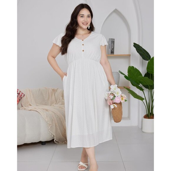 Plus Size White Summer Dress Lace Ruffle Sleeve Button Front Comfortable Casual - Picture 6 of 9